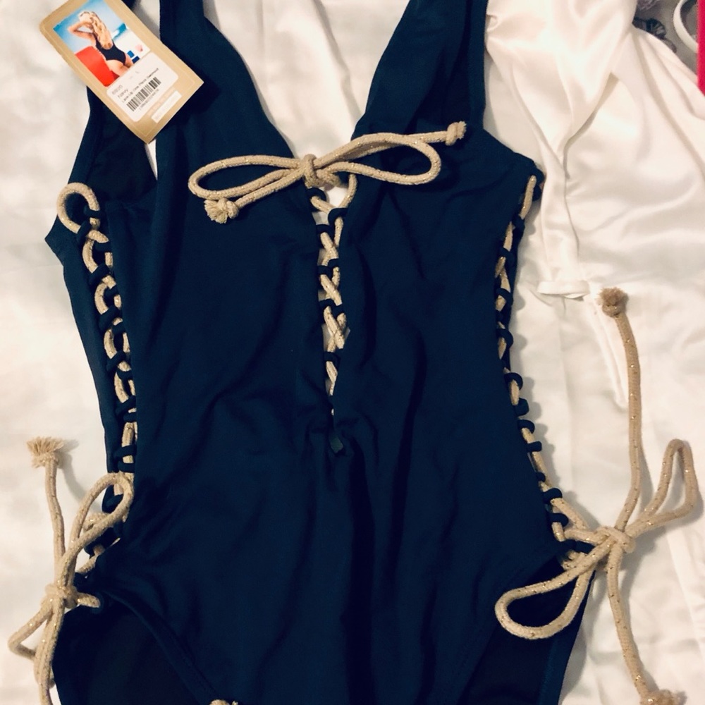 NWT Navy One Piece Lace Up Sexy Swimsuit